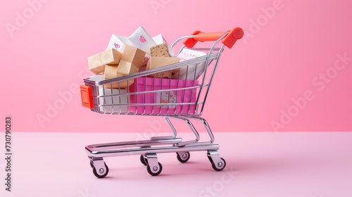 Close-up of a small shopping cart filled with a variety of gift boxes on a pink background.