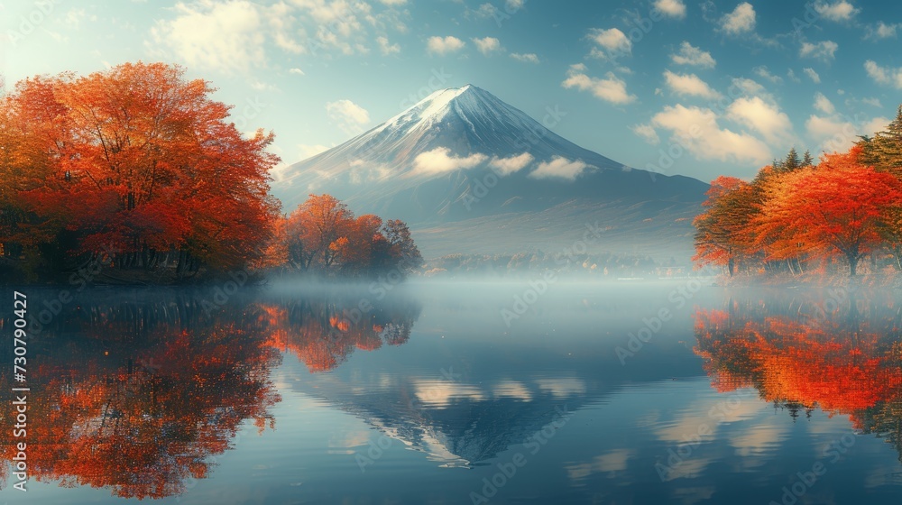 During the autumn season, the bright colors of the autumn leaves and the morning fog are one of the best sights in Japan, especially at lake Kawaguchiko.