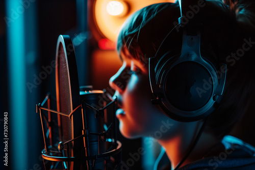 boy singing in recording studio photo