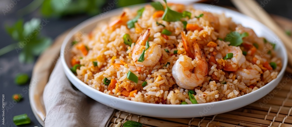 A staple food, shrimp fried rice is a delicious recipe that includes rice, carrots, green onions, and seafood, commonly enjoyed in various cuisines like Arroz a la Valenciana. A staple food, shrimp fried rice is a delicious recipe that includes rice, carrots, green onions, and seafood, commonly enjoyed in various cuisines like Arroz a la Valenciana.