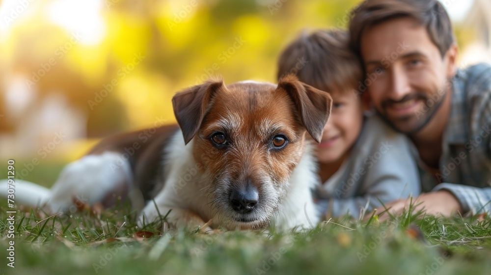 Father, mother, and son adopt a smooth Fox Terrier Retriever dog to play with. Sun shines on the idyllic suburban backyard of a happy family enjoying a loyal pet dog.