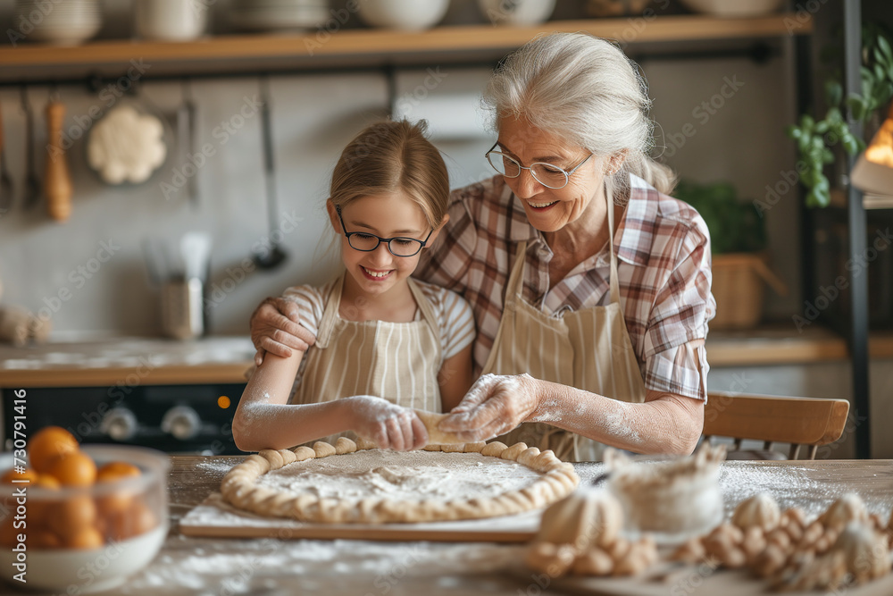 Happy grandmother with granddaughters baking buns on a table in the kitchen Happy grandmother with granddaughters baking buns on a table in the kitchen