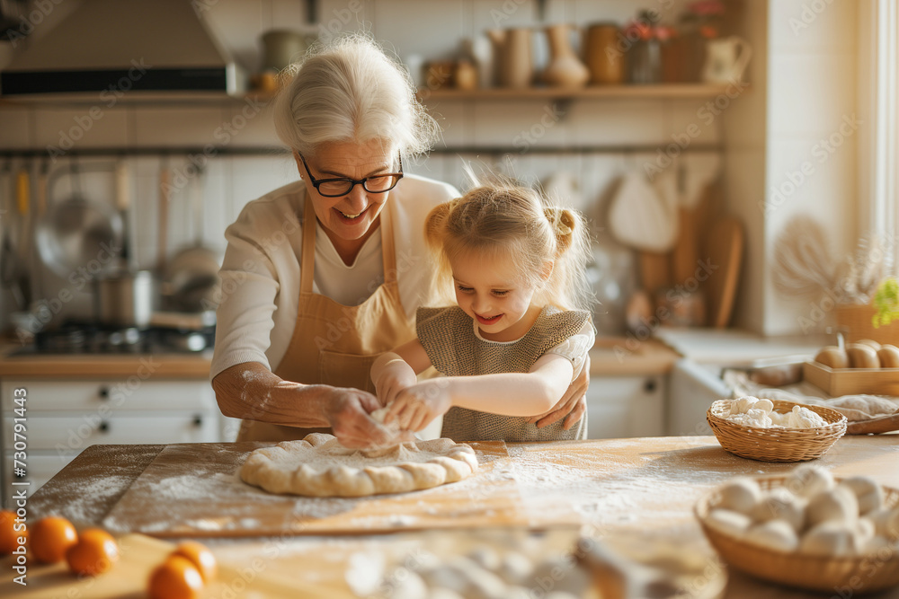 Happy grandmother with granddaughters baking buns on a table in the kitchen Happy grandmother with granddaughters baking buns on a table in the kitchen