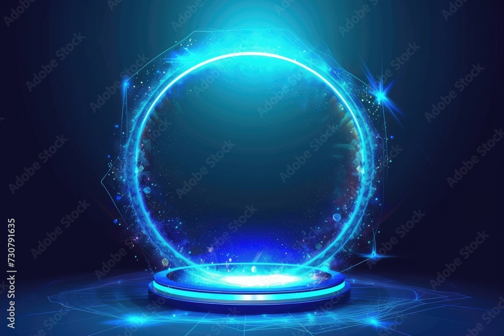 Hologram portal podium. Advertising concept. Generative AI Hologram portal podium. Advertising concept. Generative AI