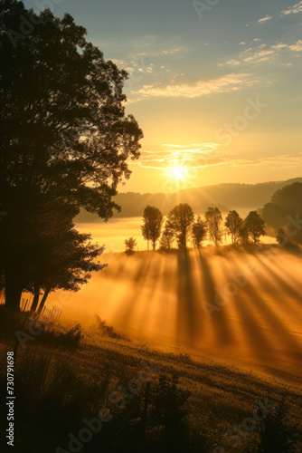Enchanting Sunrise with Trees Silhouetted against Misty Golden Light