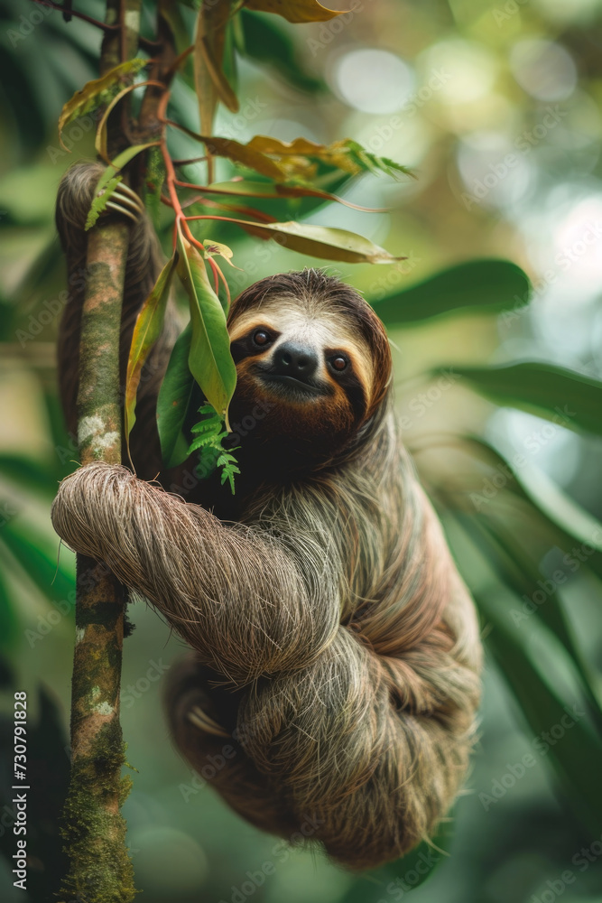 Serene Sloth Clinging to a Tree in Lush Greenery Serene Sloth Clinging to a Tree in Lush Greenery