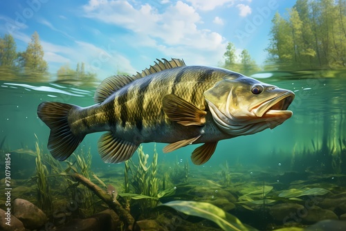Impressive fishing trophy a?" big freshwater perch in crystal-clear water against a lush green background