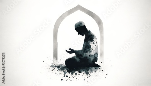 A silhouette of a person in Islamic prayer, depicted in a watercolor style.
