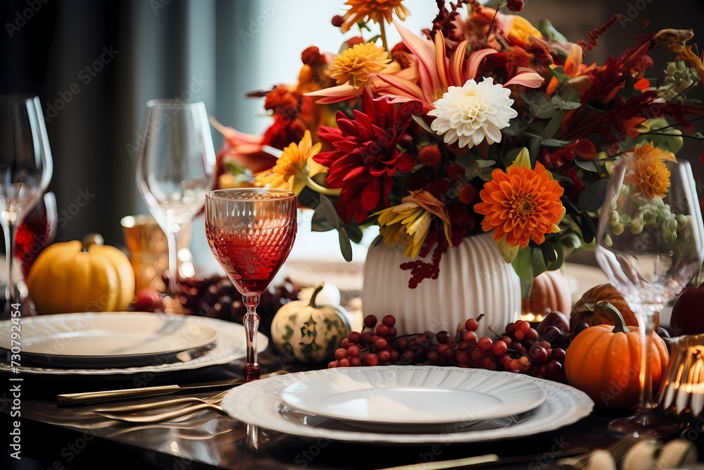 Inviting fall-themed table setup showcasing beautiful plates, gleaming cutlery, crystal glasses, assorted pumpkins, and a carefully arranged array of autumn flowers in a flat lay