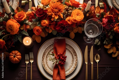 Inviting fall-themed table setup showcasing beautiful plates, gleaming cutlery, crystal glasses, assorted pumpkins, and a carefully arranged array of autumn flowers in a flat lay