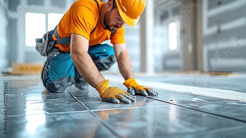 A Construction worker installing a new laminate flooring --ar 16:9 --stylize 750 --v 6 Job ID: 4f23ded4-0055-4ba9-bd4a-9ff7e73c5dd5 photo