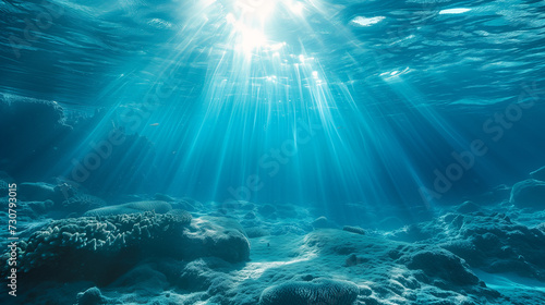 Underwater view of coral reef with sunbeams, underwater landscape © Archi