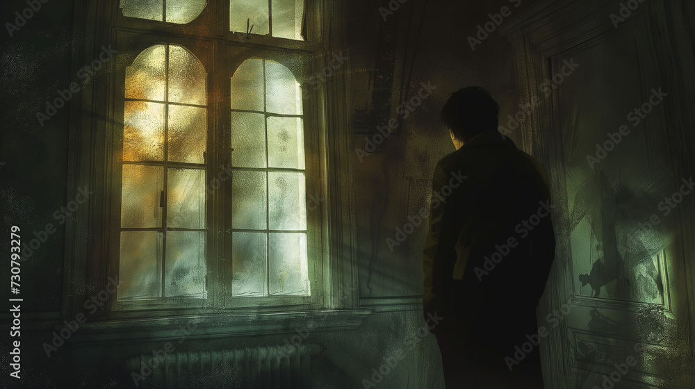 Silhouette of a man standing in front of a window in a haunted house