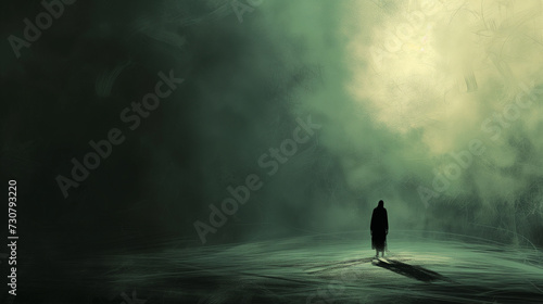 Mysterious silhouette of a man in a dark foggy forest
