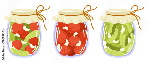 Pickled vegetables set in flat style. Marinated cucumber, tomatoes, garlic. Autumn marinate food. Vector illustration isolated on a white background.
