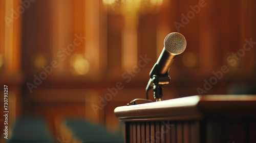 Microphone on Podium with Golden Spotlight and Dark Background
