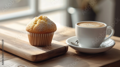A cup of steaming coffee and a delicious muffin on a table.