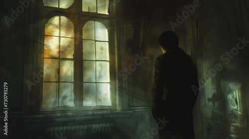 Silhouette of a man standing in front of a window in a haunted house © Archi