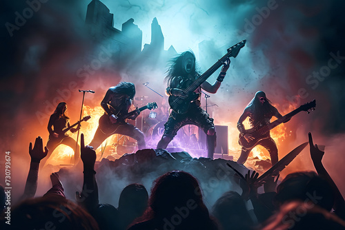 hellish rock musicians band with electric guitars in a rock world/ Digitally generated image. Not based on any actual person, scene or pattern. photo