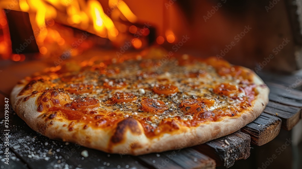 A mouthwatering pizza emerged from a wood-fired oven