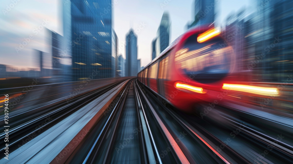 Urban Velocity: High-Speed Train Moving Through City at Dusk with Light Trails