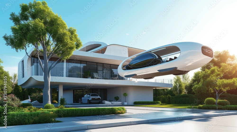 Next-Gen Commute: Futuristic Personal Aircraft Hovering Above Modern Home Next-Gen Commute: Futuristic Personal Aircraft Hovering Above Modern Home