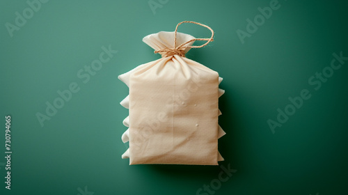 a blank beige bag of cotton pads with a drawstring on a green background  photo