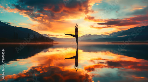 Tranquil Yoga Pose at Sunset by the Lake