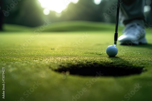 In a close-up shot, the golfer's hands tightly grip the club, signaling readiness for a precision putt, highlighting the intensity of the moment.