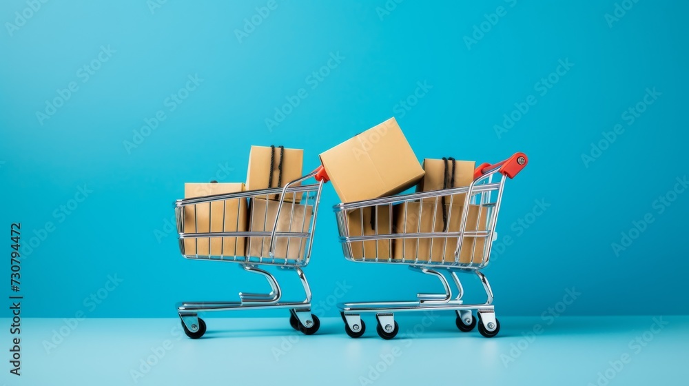 Close-up of two small shopping carts filled with boxes on a blue background with a copy space.