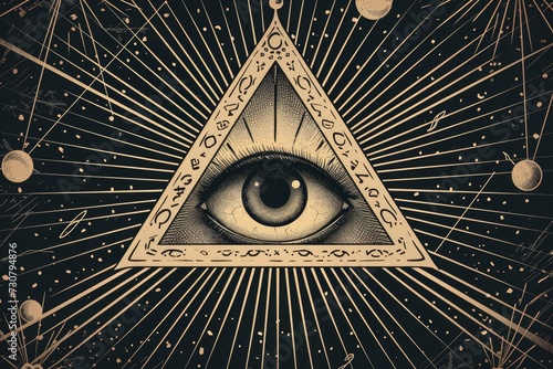 All seeing eye, illuminats, masons, symbol in the style of ancient engravings photo