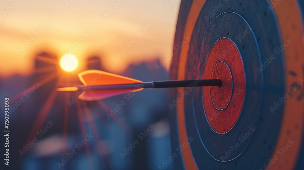 Arrow hits the middle of target, dramatic light, city skyline background, professional close up photo Arrow hits the middle of target, dramatic light, city skyline background, professional close up photo