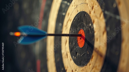 Bow arrow hits straight in the center of target, dramatic light, dark smoked background