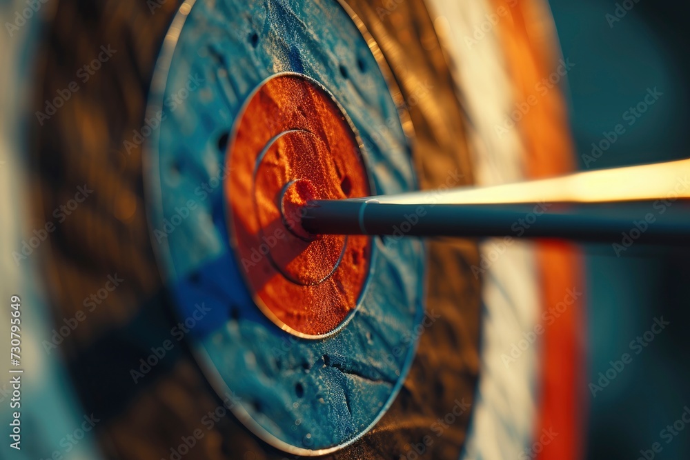 Bow arrow hits straight in the middle of target, dramatic light, 3d realistic style with vivid back Bow arrow hits straight in the middle of target, dramatic light, 3d realistic style with vivid back