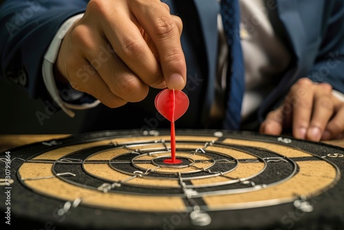 Businessman aims arrow to the virtual target dartboard, precision in setting objectives for business investments