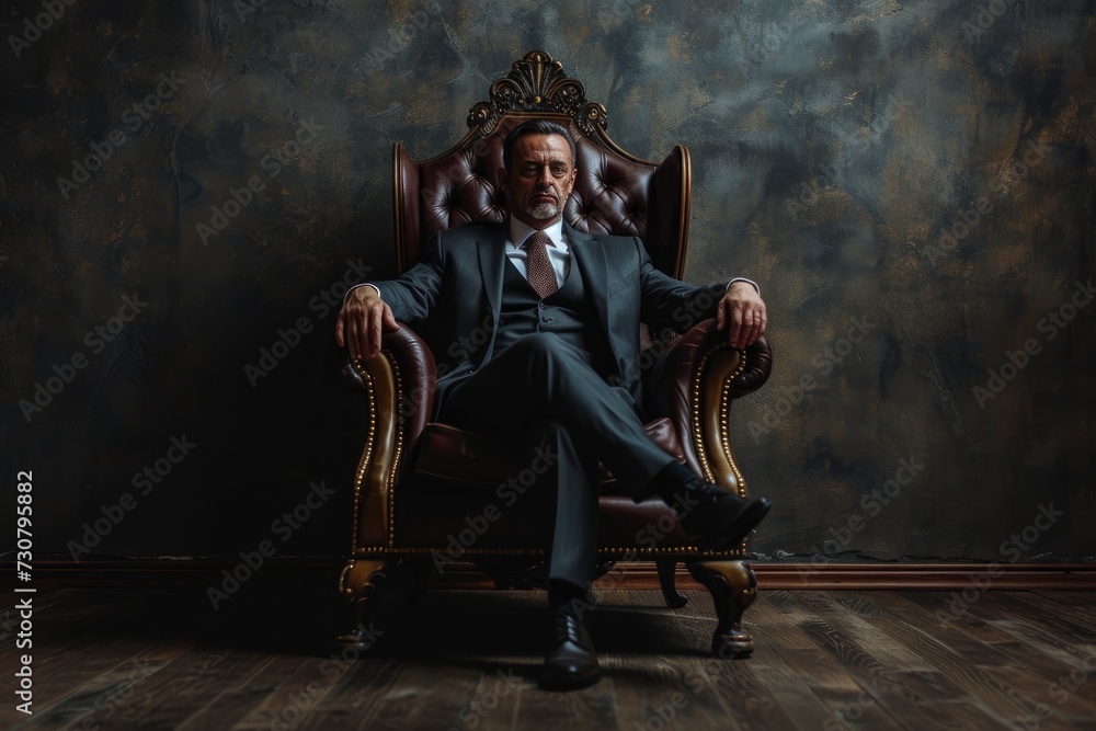 Businessman sitting on the throne, dramatic light, studio photo, professional shooting