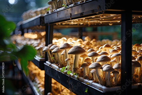 Mushrooms growing on a modern mushroom farm. Close-up Mushroom cultivation. A fully grown mushroom