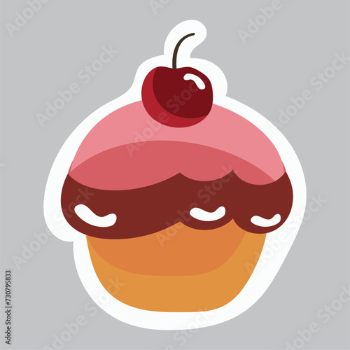 Food sticker of colorful set. This delightful cartoon design feature a mouthwatering cupcake, skillfully integrated with creative design elements. Vector illustration.