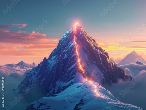 Giant mountain peak to the top of which leads a bright line of light, the mountain is illuminated from behind, symbolic path to success, goal achievement