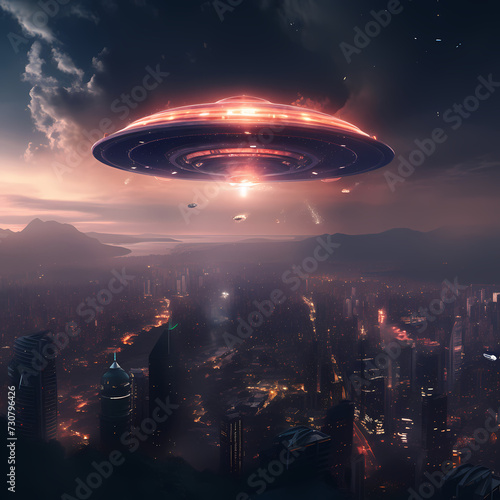 Alien spaceship hovering over a city 