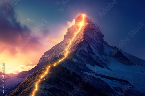 Huge mountain to the top of which a bright line of light leads to the top, the top is illuminated from behind, symbolic path to success, goal achievement © shooreeq