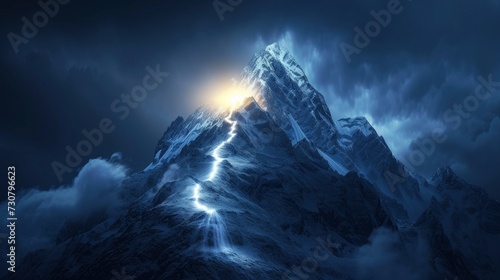 Huge mountain to the top of which leads a bright line of light, the top is illuminated from behind, symbolic path to success, goal achievement photo
