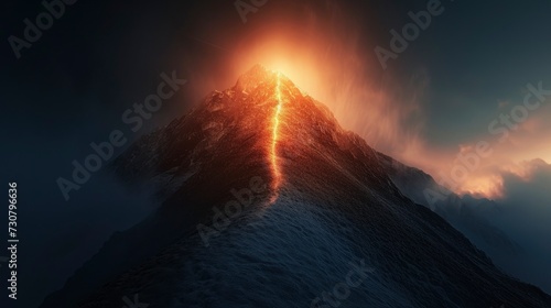 Huge mountain to the top of which leads a bright line of light, the top is illuminated from behind, symbolic path to success, goal achievement