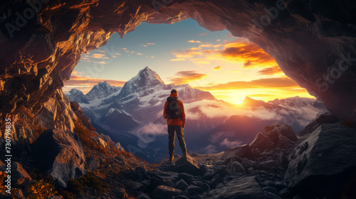 Adventurous Man Hiker standing in a cave with rocky mountains in background. Sunset Cloudy Sky