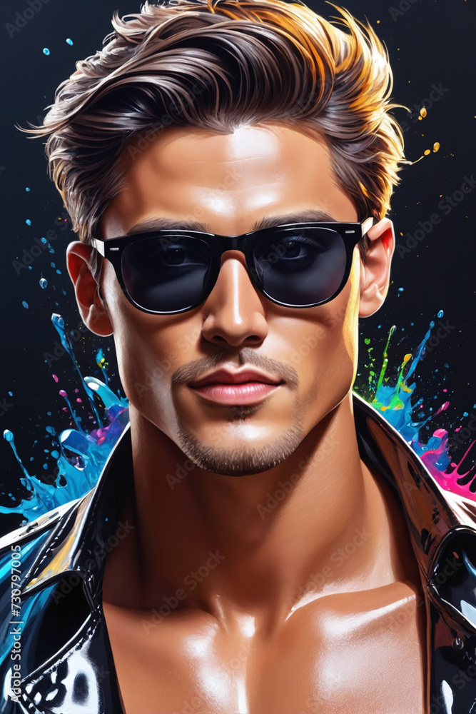 Impactful color paint of beautiful man, sunglasses, highly detailed, vibrant colors