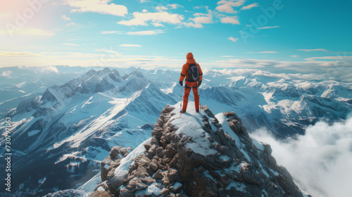 Adventurous Man Hiker standing on top of icy peak with rocky mountains in background