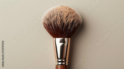 a blank brown powder brush on a cream background, with a wooden handle and a fluffy bristle. 