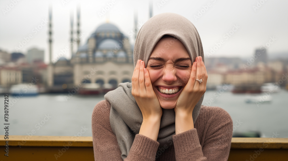 Close-up of a woman in a gray sweater, hands on her face, eyes sparkling with laughter, against an Istanbul cityscape background subtly reflected in her eyes
