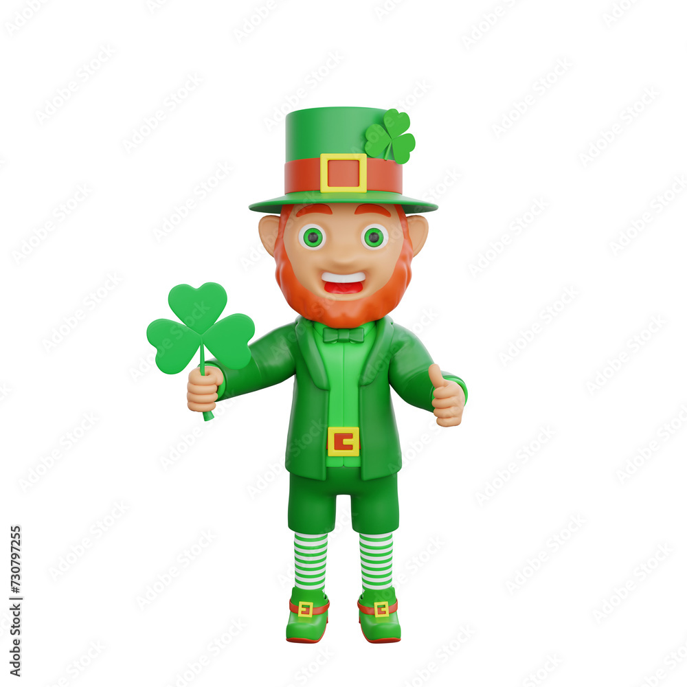 3D illustration of St. Patrick's Day character leprechaun holding a lucky clover 3D illustration of St. Patrick's Day character leprechaun holding a lucky clover