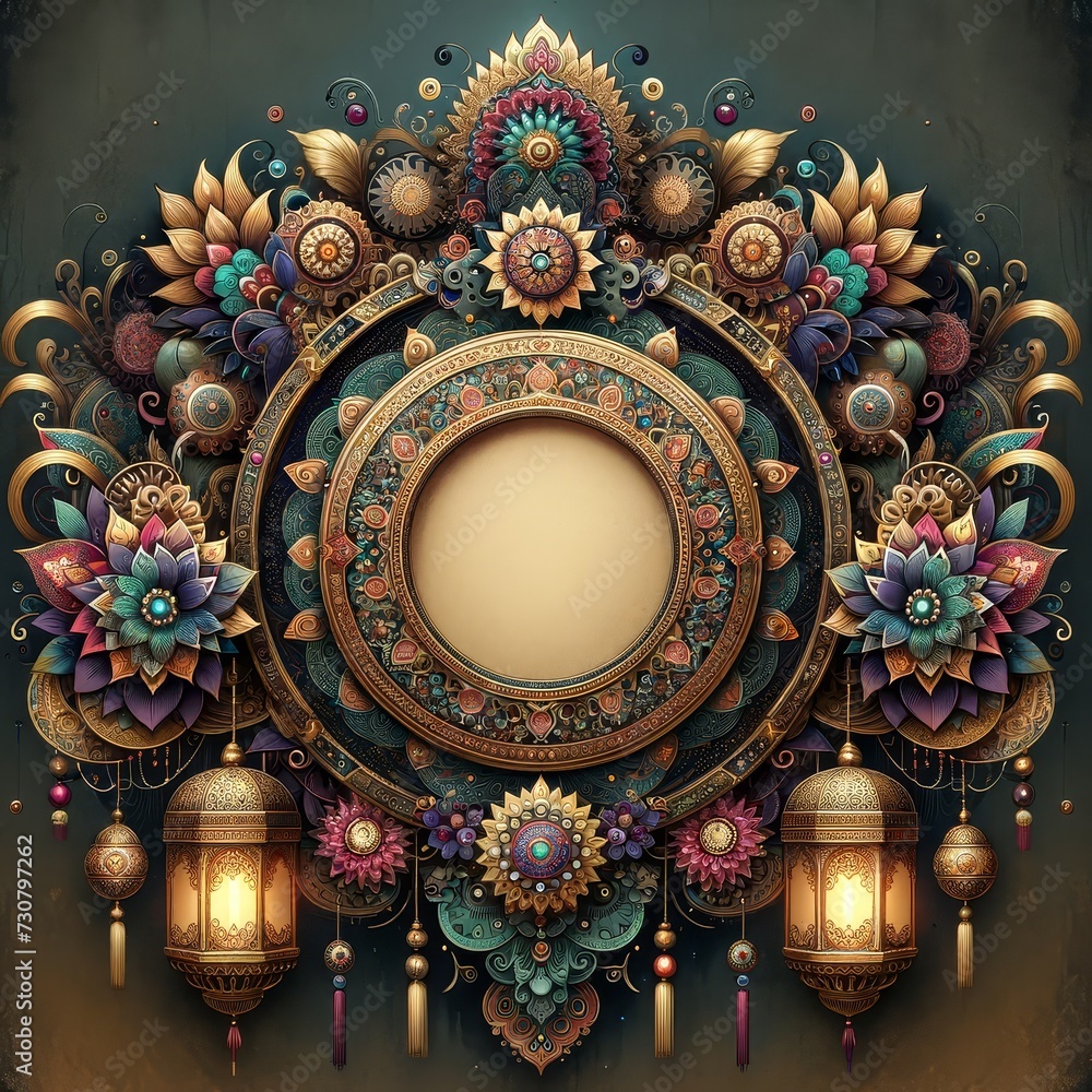 circular decorative frame with intricate patterns with ornate lanterns hanging on chains